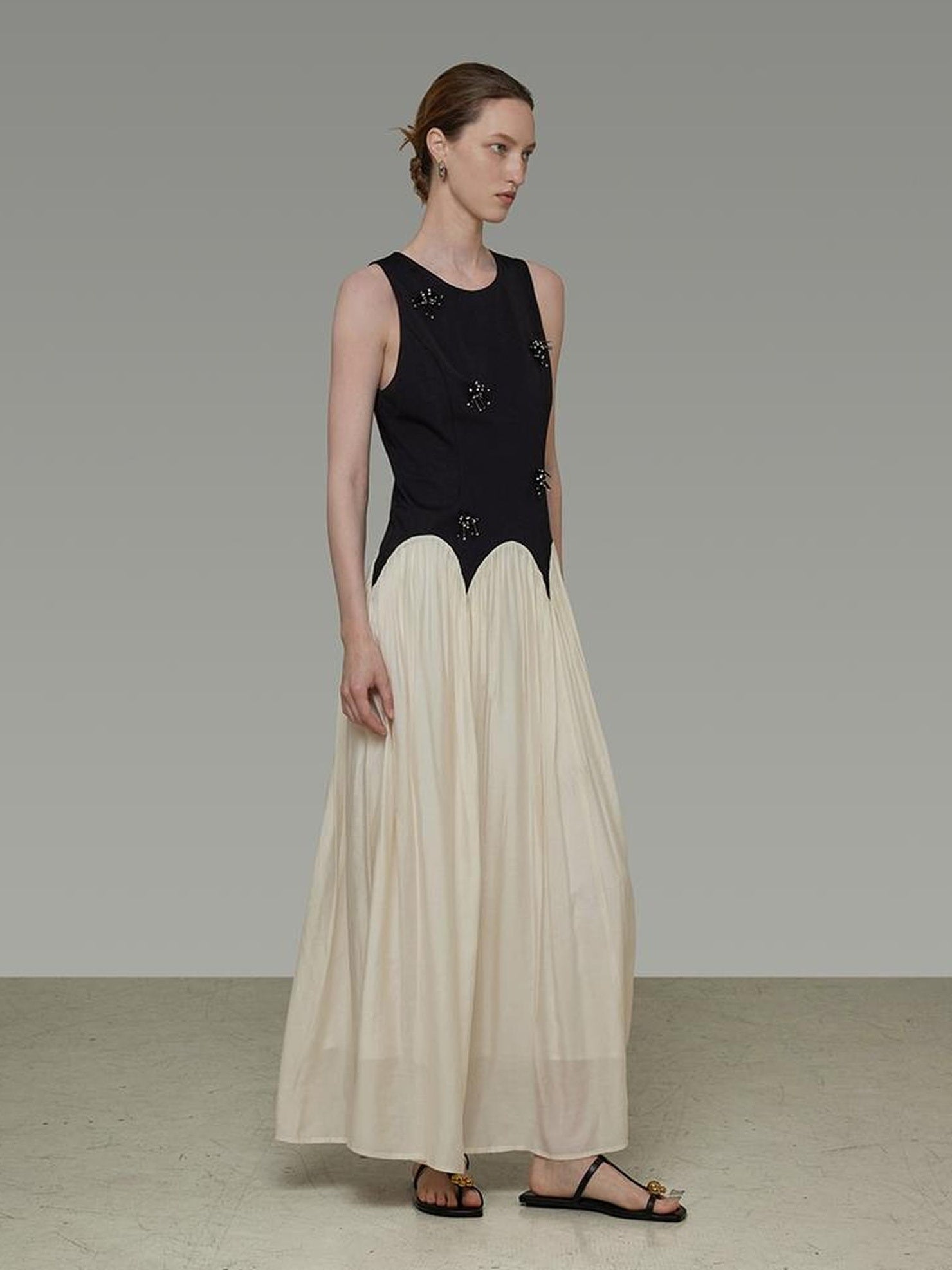 UNSPOKEN Beaded High Waist Minimalist A Line Sleeveless Office Polyester Dresses