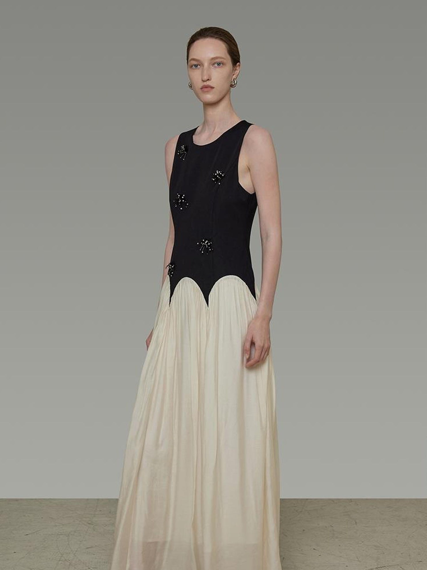 UNSPOKEN Beaded High Waist Minimalist A Line Sleeveless Office Polyester Dresses