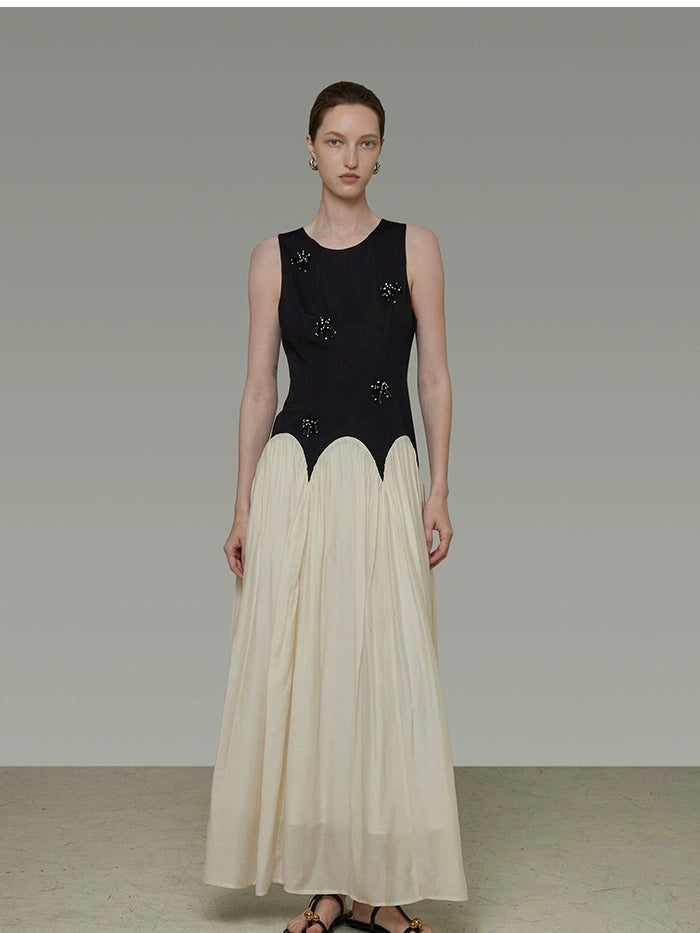 UNSPOKEN Beaded High Waist Minimalist A Line Sleeveless Office Polyester Dresses