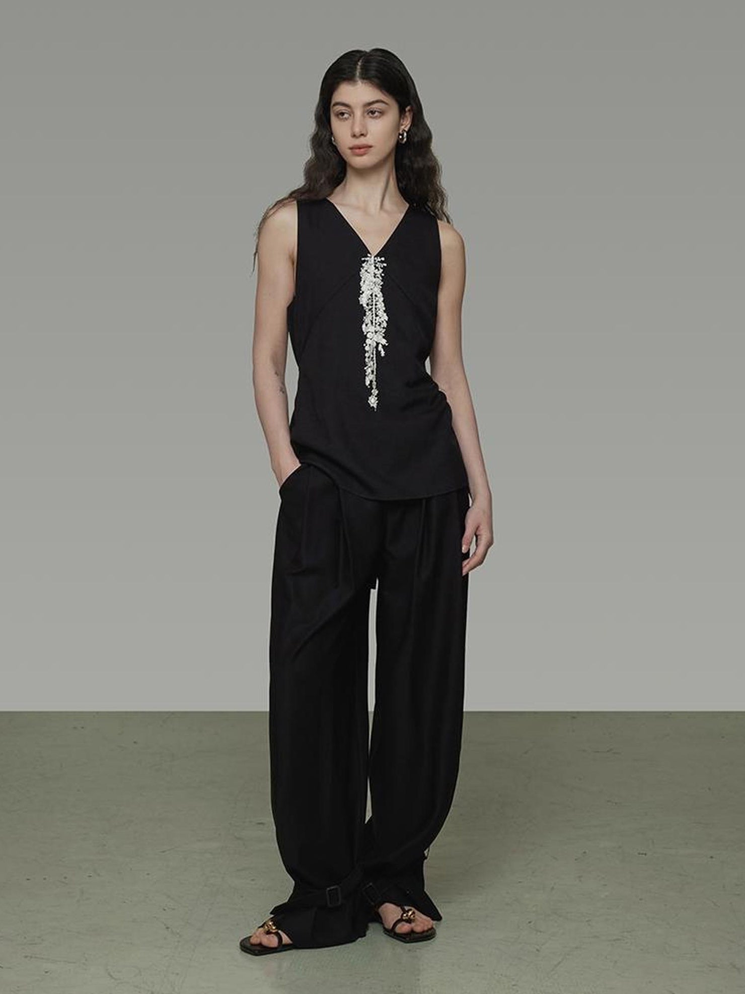 UNSPOKEN Beaded Workwear Slim Fit Sleek Office Women Polyester Blend Black Tank Top