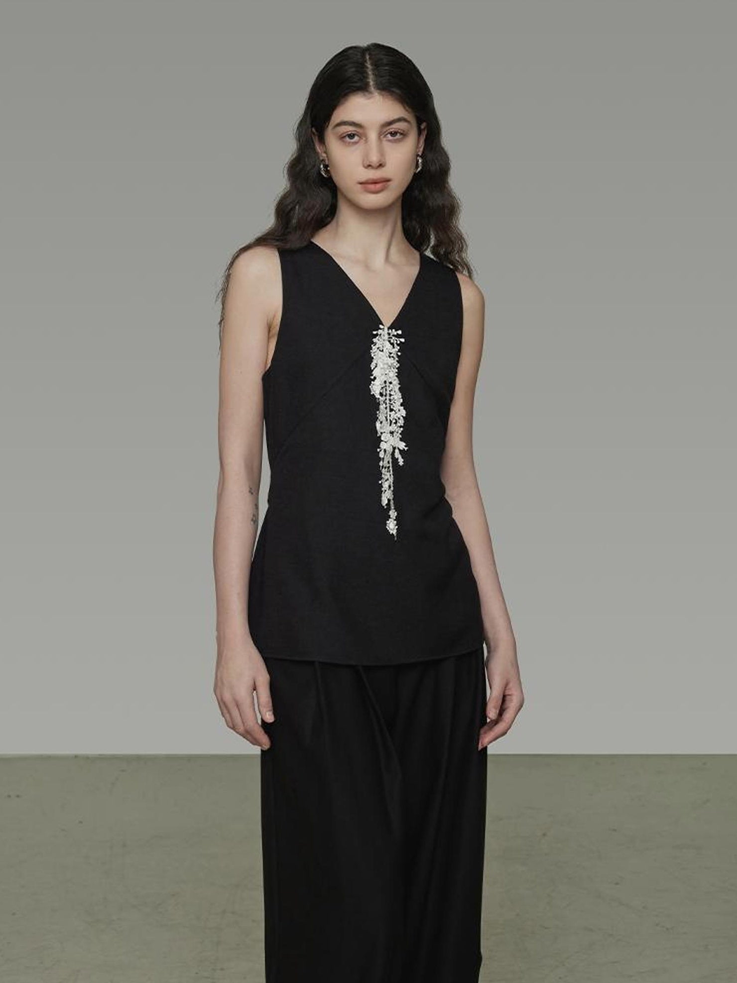 UNSPOKEN Beaded Workwear Slim Fit Sleek Office Women Polyester Blend Black Tank Top