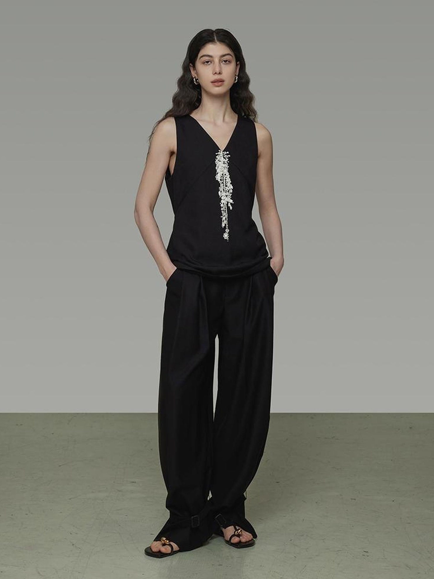 UNSPOKEN Beaded Workwear Slim Fit Sleek Office Women Polyester Blend Black Tank Top