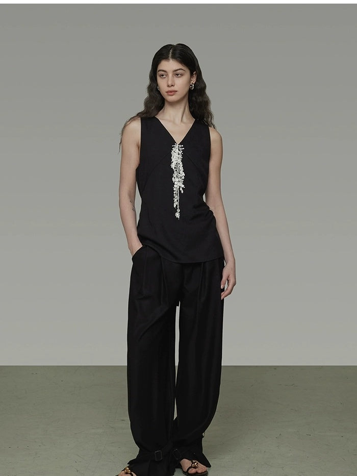 UNSPOKEN Beaded Workwear Slim Fit Sleek Office Women Polyester Blend Black Tank Top