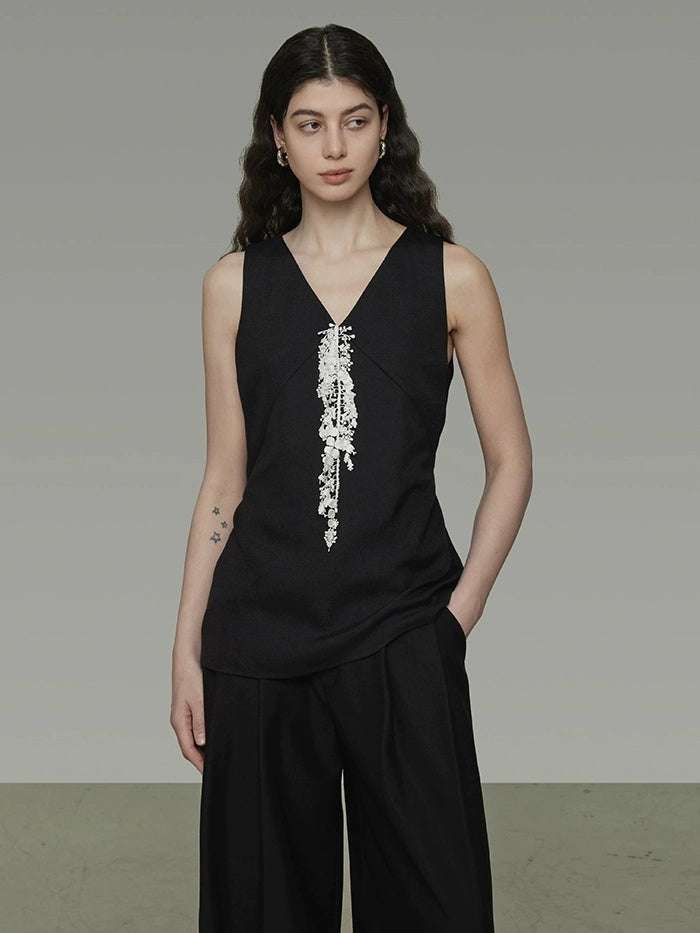 UNSPOKEN Beaded Workwear Slim Fit Sleek Office Women Polyester Blend Black Tank Top