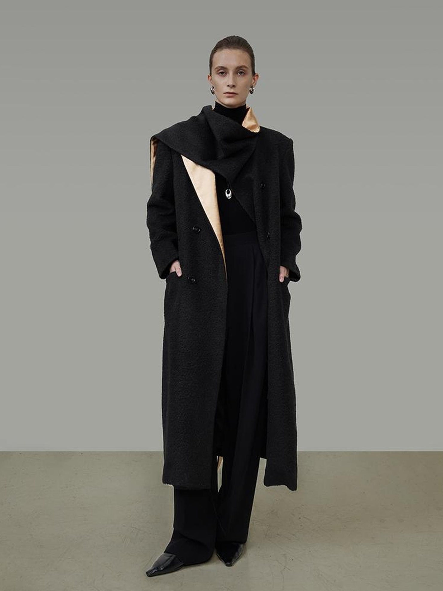 UNSPOKEN Black Champagne Gold Trim Wool Blend Long Single Breasted Commuter Coat