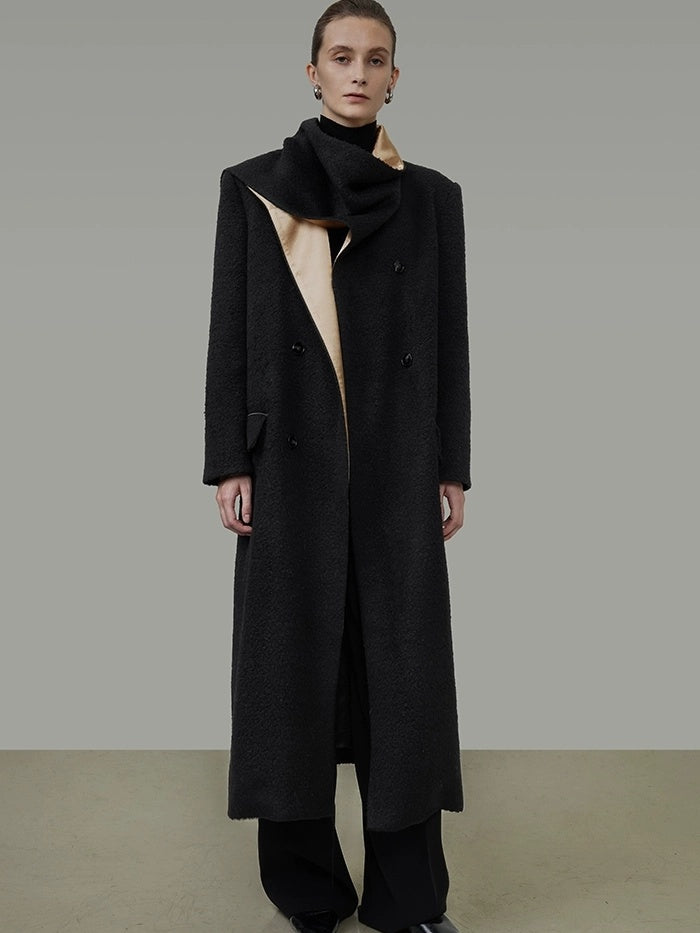 UNSPOKEN Black Champagne Gold Trim Wool Blend Long Single Breasted Commuter Coat