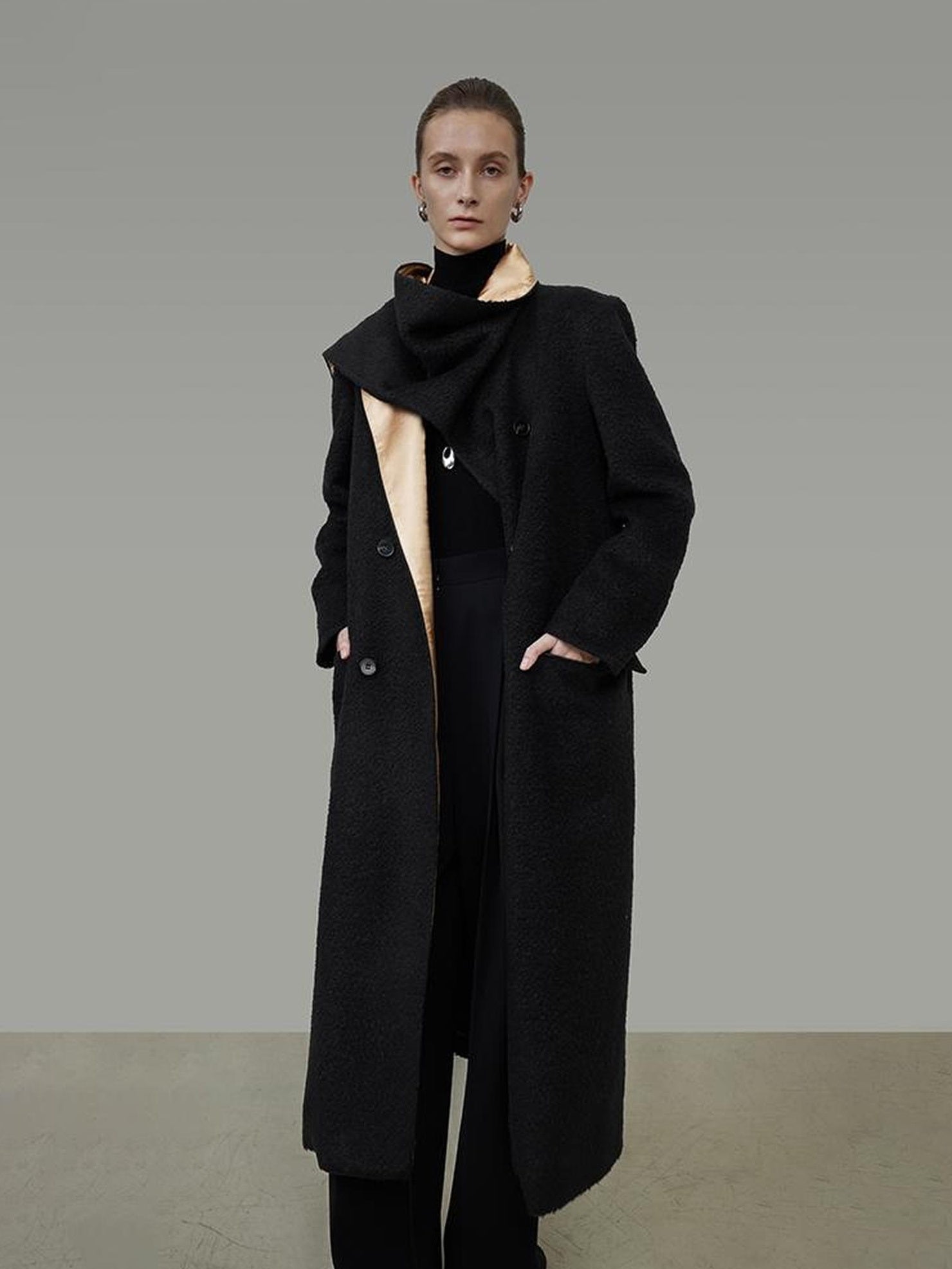 UNSPOKEN Black Champagne Gold Trim Wool Blend Long Single Breasted Commuter Coat