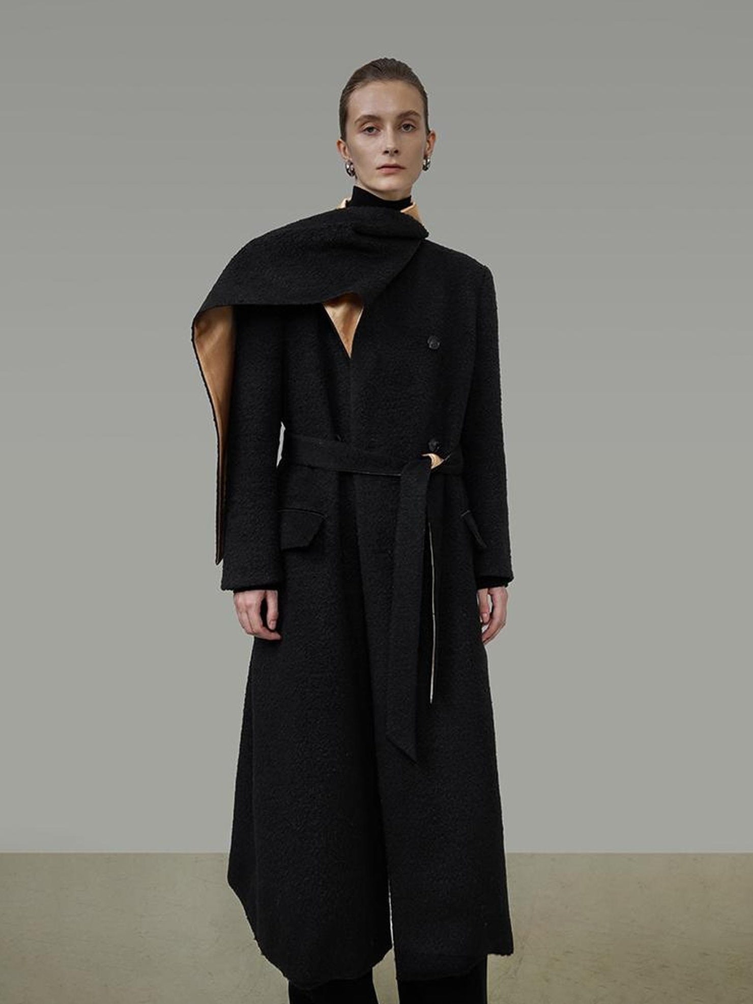 UNSPOKEN Black Champagne Gold Trim Wool Blend Long Single Breasted Commuter Coat