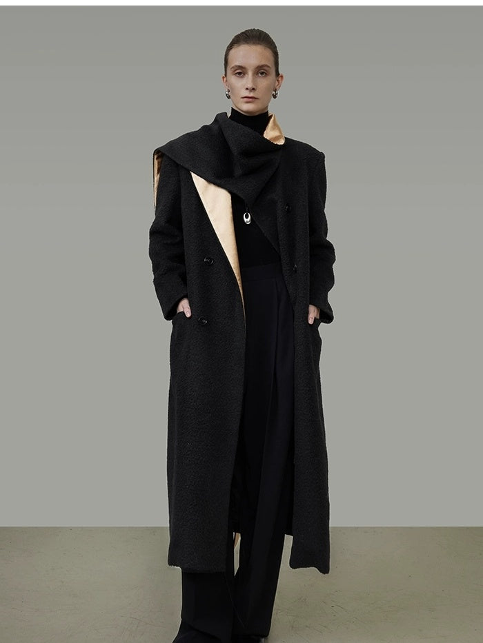 UNSPOKEN Black Champagne Gold Trim Wool Blend Long Single Breasted Commuter Coat