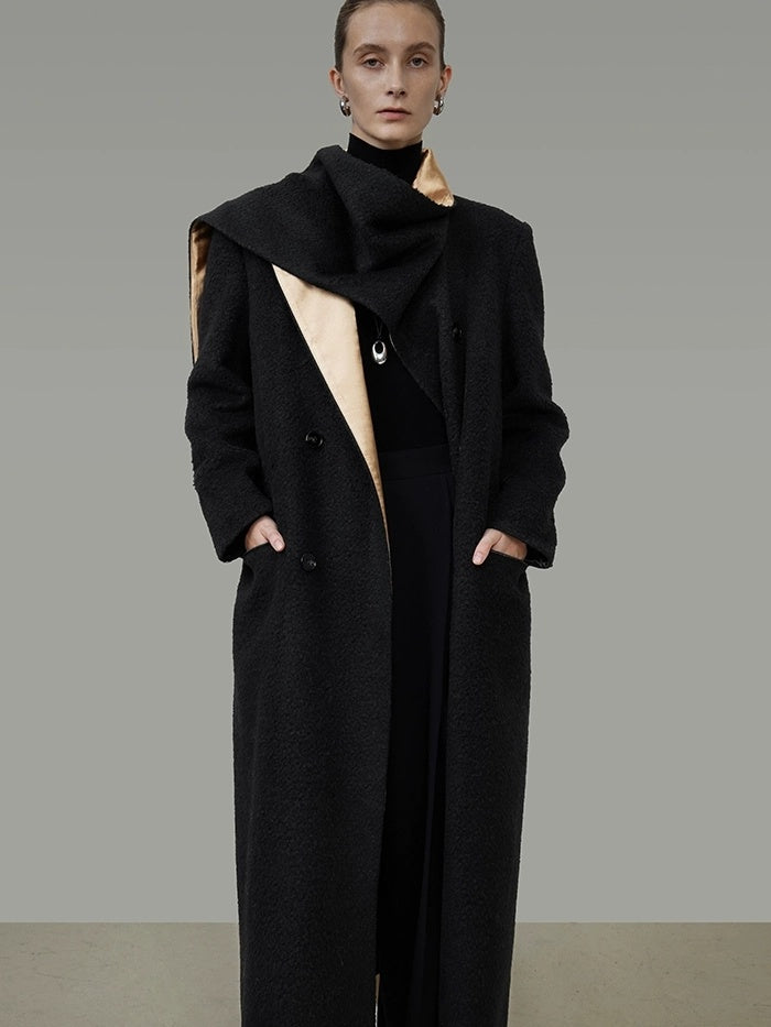 UNSPOKEN Black Champagne Gold Trim Wool Blend Long Single Breasted Commuter Coat