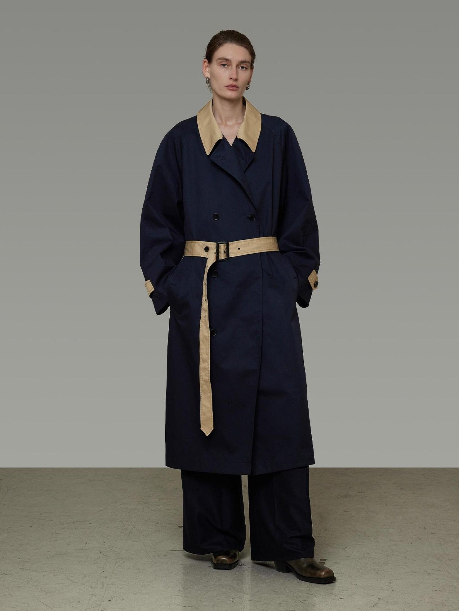 UNSPOKEN Breathable 100 Percent Cotton Long Single Breasted Loose Fit Commuter Navy Coat