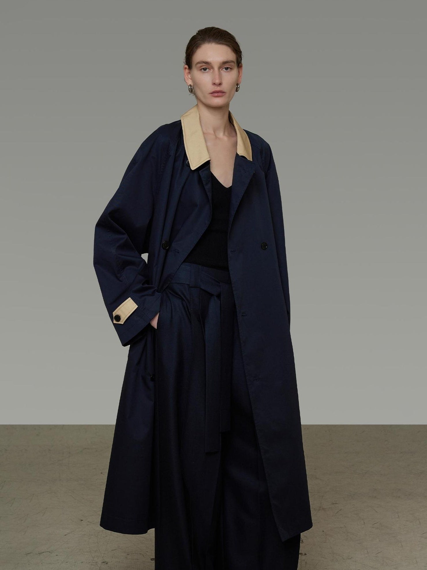 UNSPOKEN Breathable 100 Percent Cotton Long Single Breasted Loose Fit Commuter Navy Coat