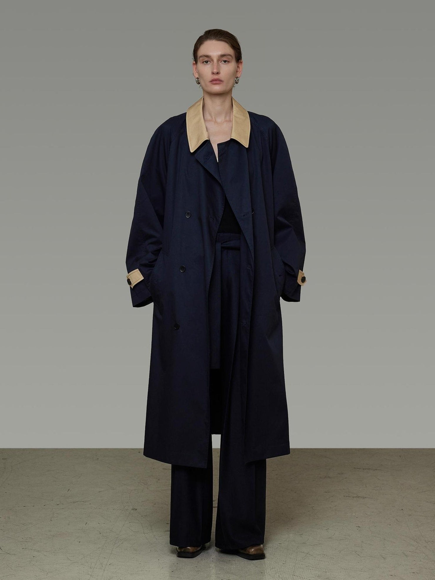 UNSPOKEN Breathable 100 Percent Cotton Long Single Breasted Loose Fit Commuter Navy Coat