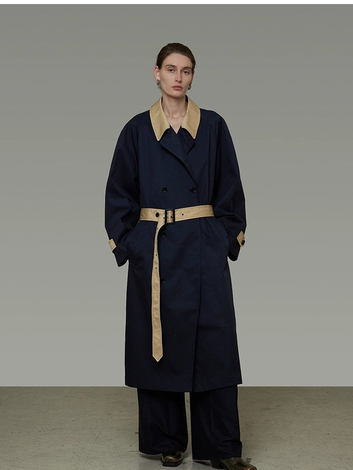 UNSPOKEN Breathable 100 Percent Cotton Long Single Breasted Loose Fit Commuter Navy Coat