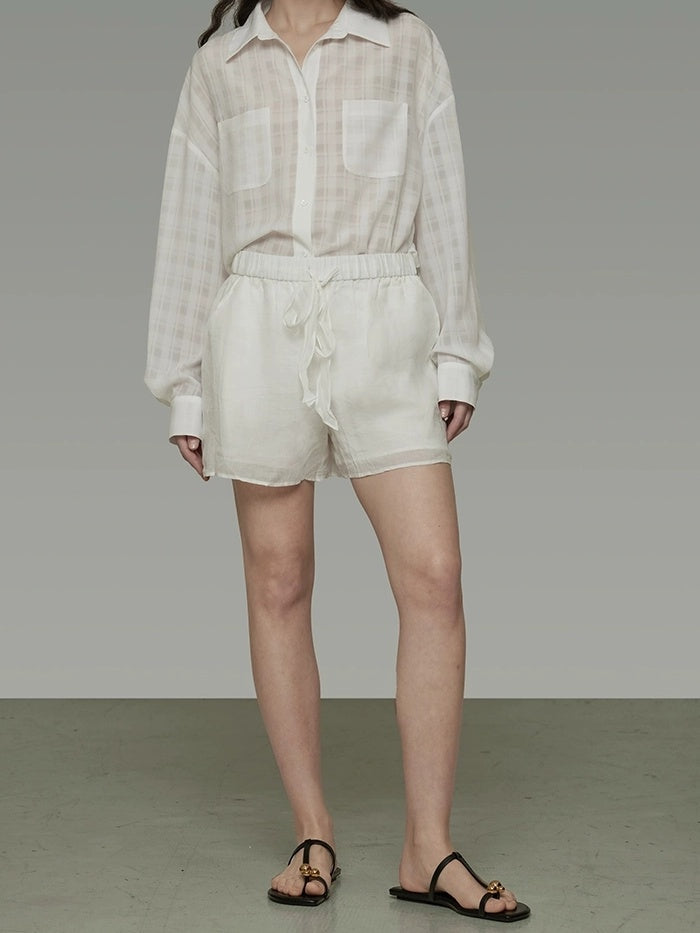 UNSPOKEN Breathable 100% Ramie Minimal Commuter Straight Leg Tie Waist Women Shorts