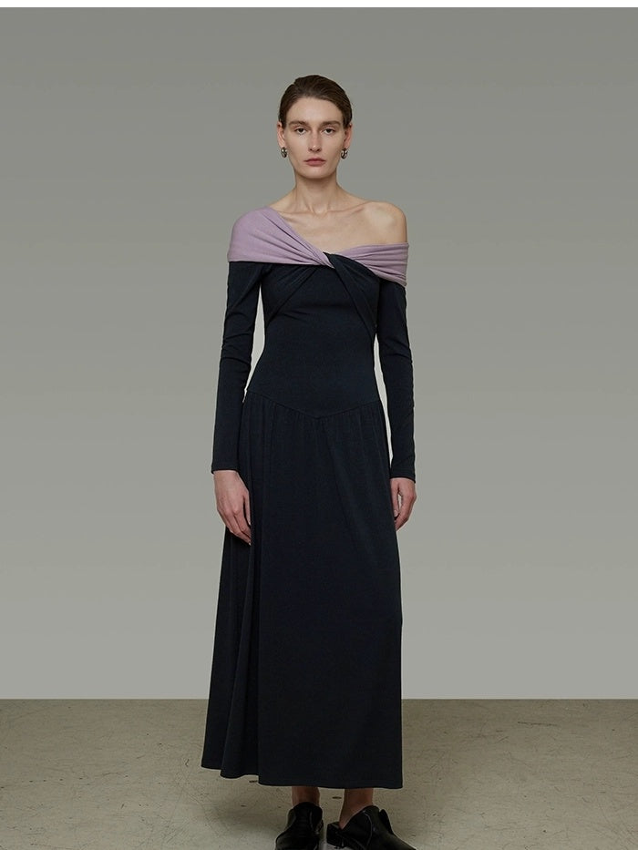 UNSPOKEN Breathable Cinched Waist Asymmetrical One Shoulder Knit Slim Urban Dresses