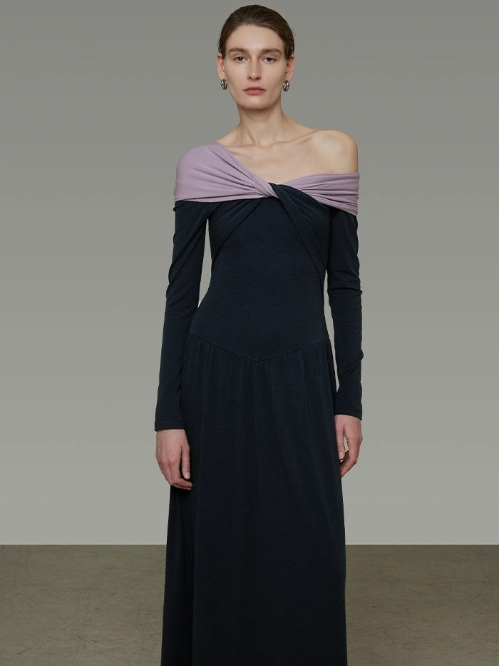 UNSPOKEN Breathable Cinched Waist Asymmetrical One Shoulder Knit Slim Urban Dresses