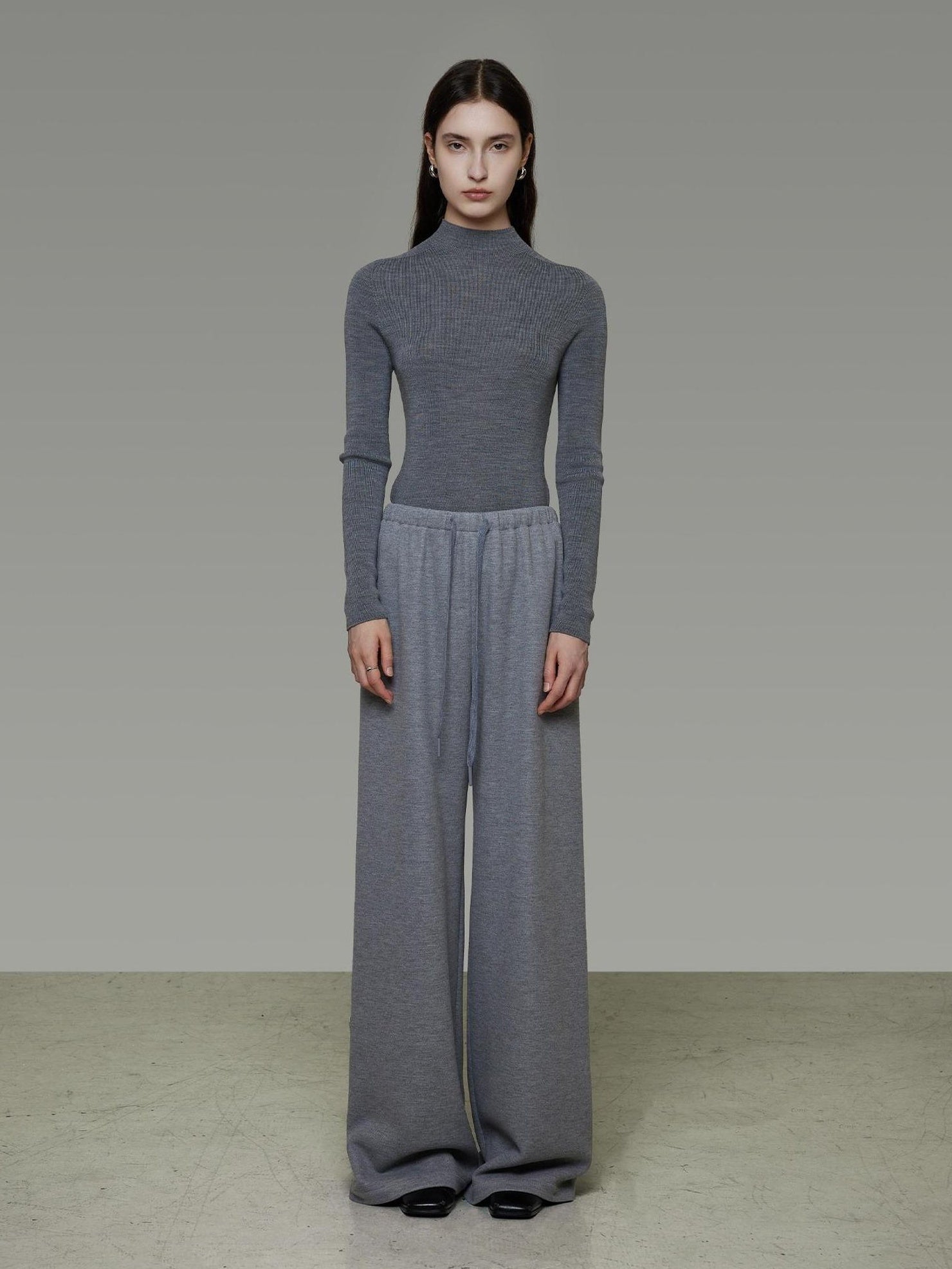 UNSPOKEN Breathable High Waist Drawstring Wide Leg Commuter Light Gray Poly Blend Pants