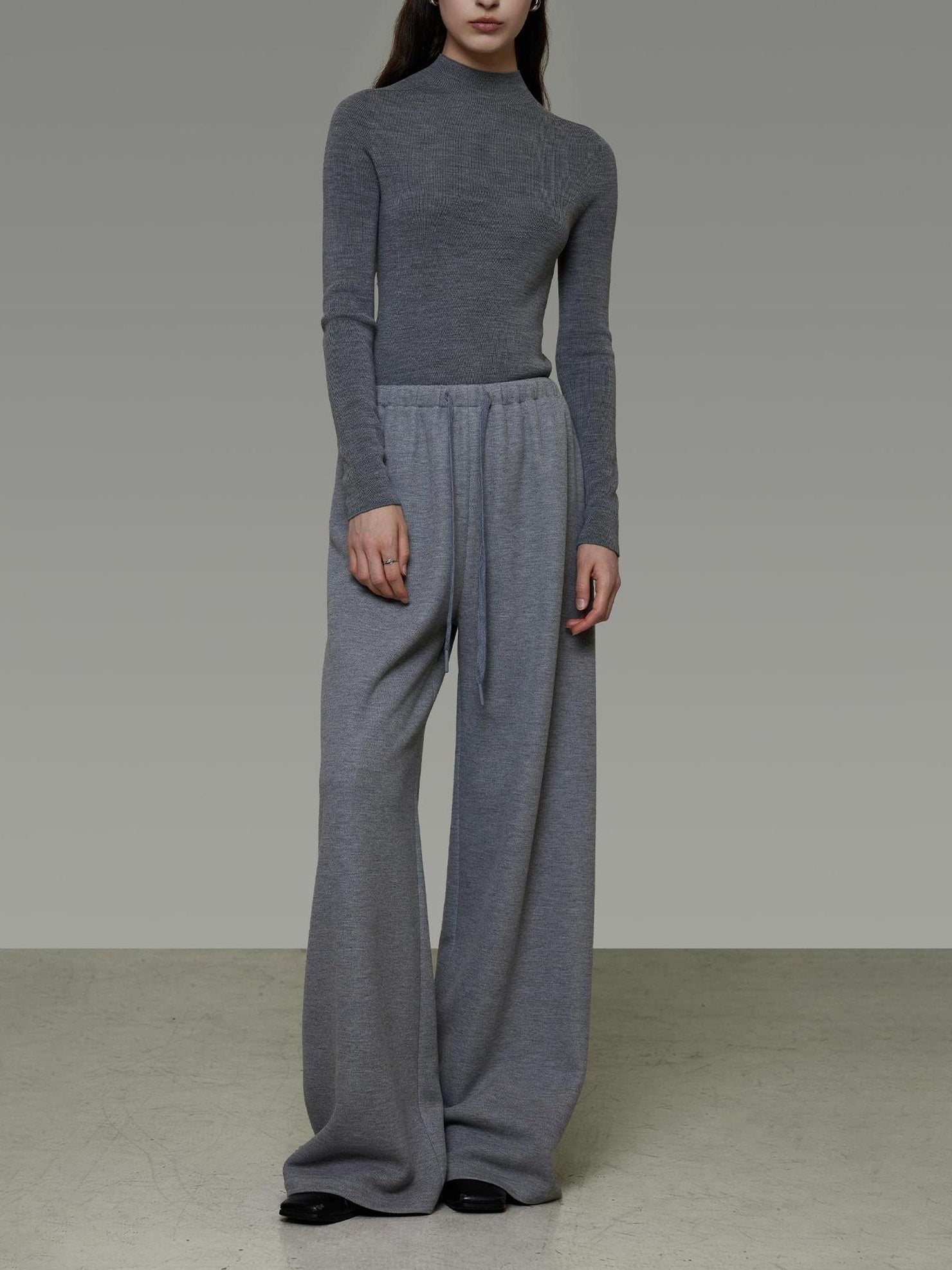 UNSPOKEN Breathable High Waist Drawstring Wide Leg Commuter Light Gray Poly Blend Pants