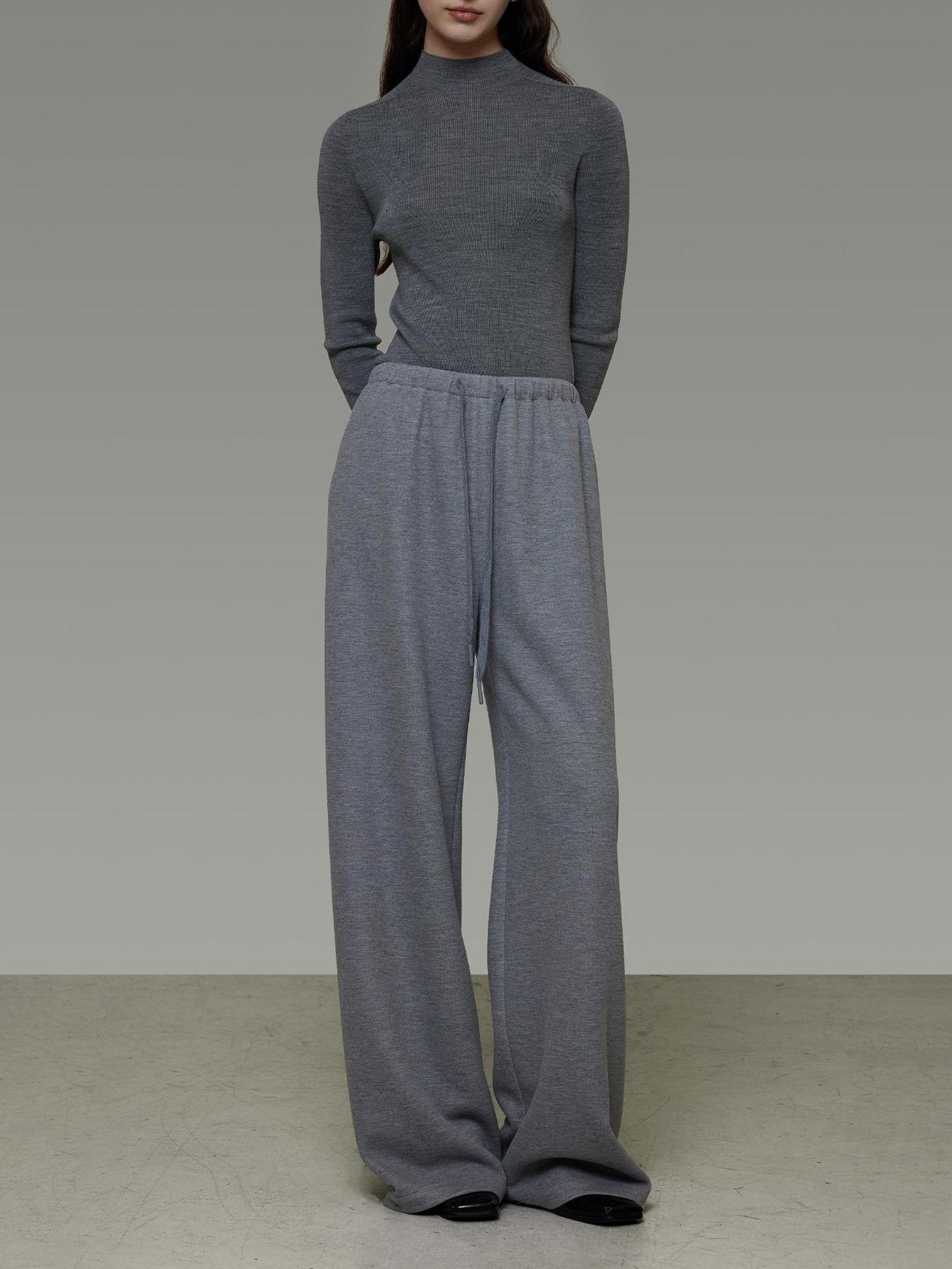 UNSPOKEN Breathable High Waist Drawstring Wide Leg Commuter Light Gray Poly Blend Pants