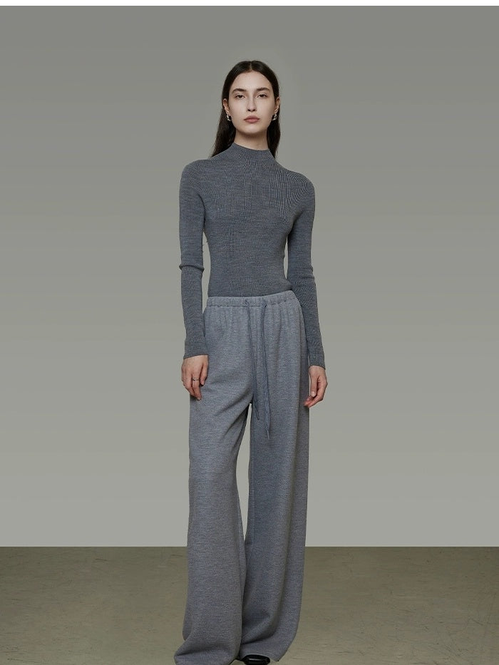 UNSPOKEN Breathable High Waist Drawstring Wide Leg Commuter Light Gray Poly Blend Pants