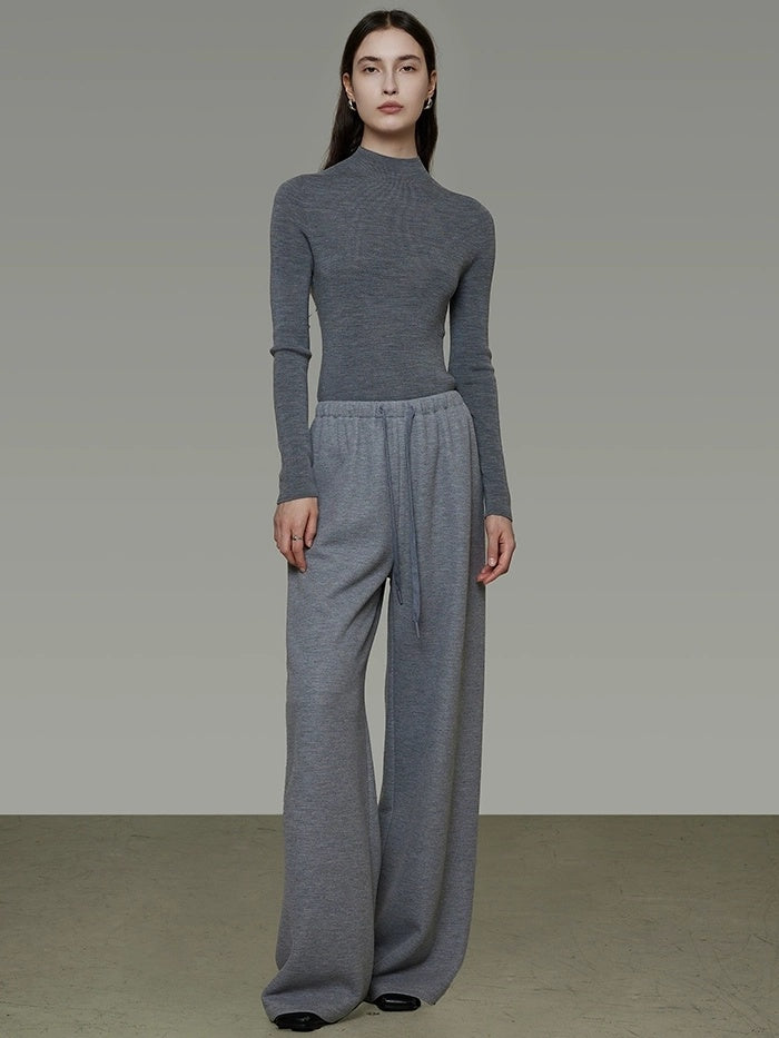 UNSPOKEN Breathable High Waist Drawstring Wide Leg Commuter Light Gray Poly Blend Pants