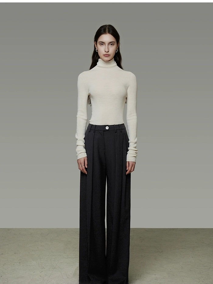 UNSPOKEN Breathable High Waist Pleated Minimal Office Wide Leg Black Poly Blend Pants