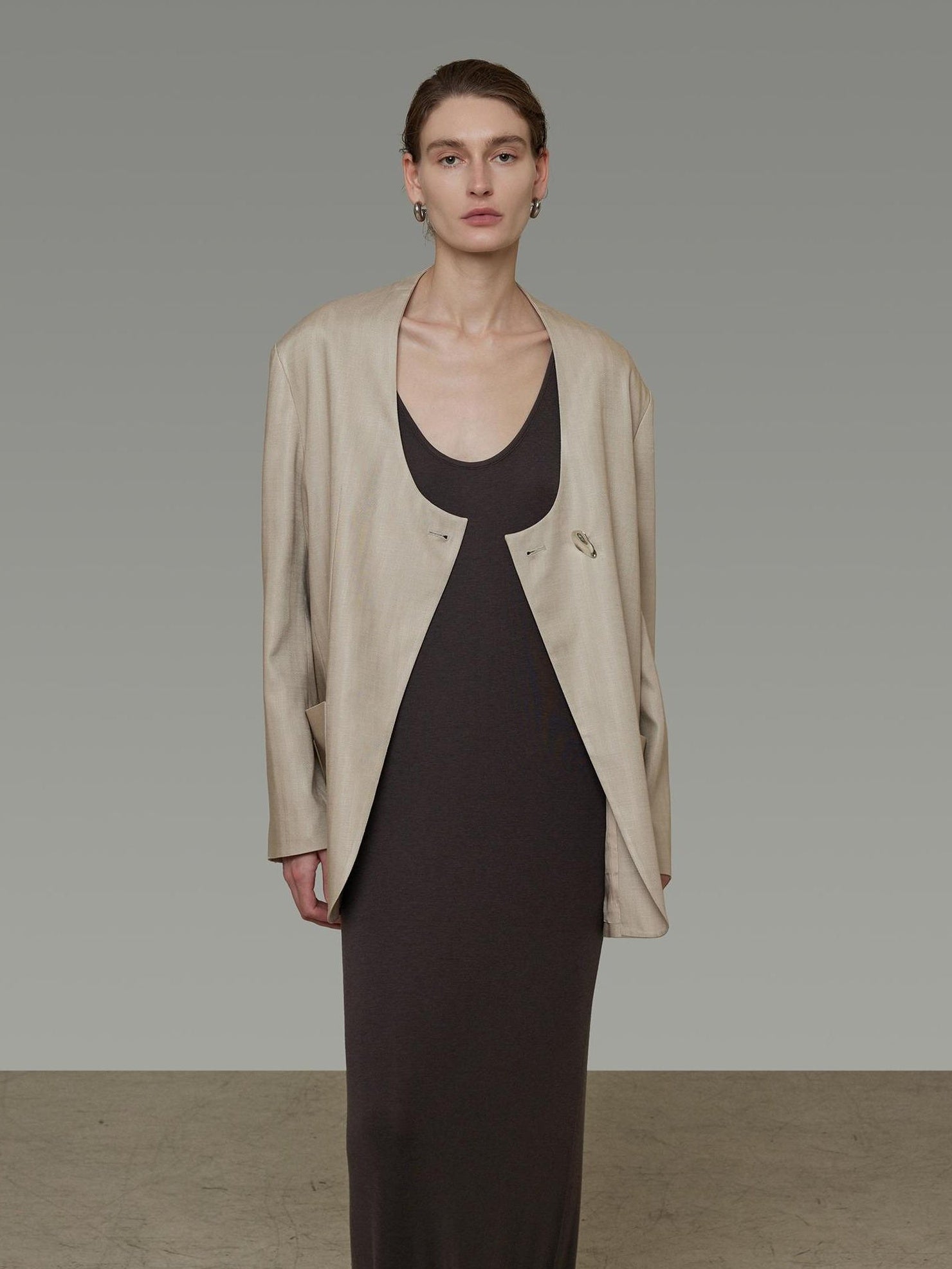 UNSPOKEN Breathable Lyocell Relaxed Loose No Collar Patch Pocket Commuter Beige Blazer