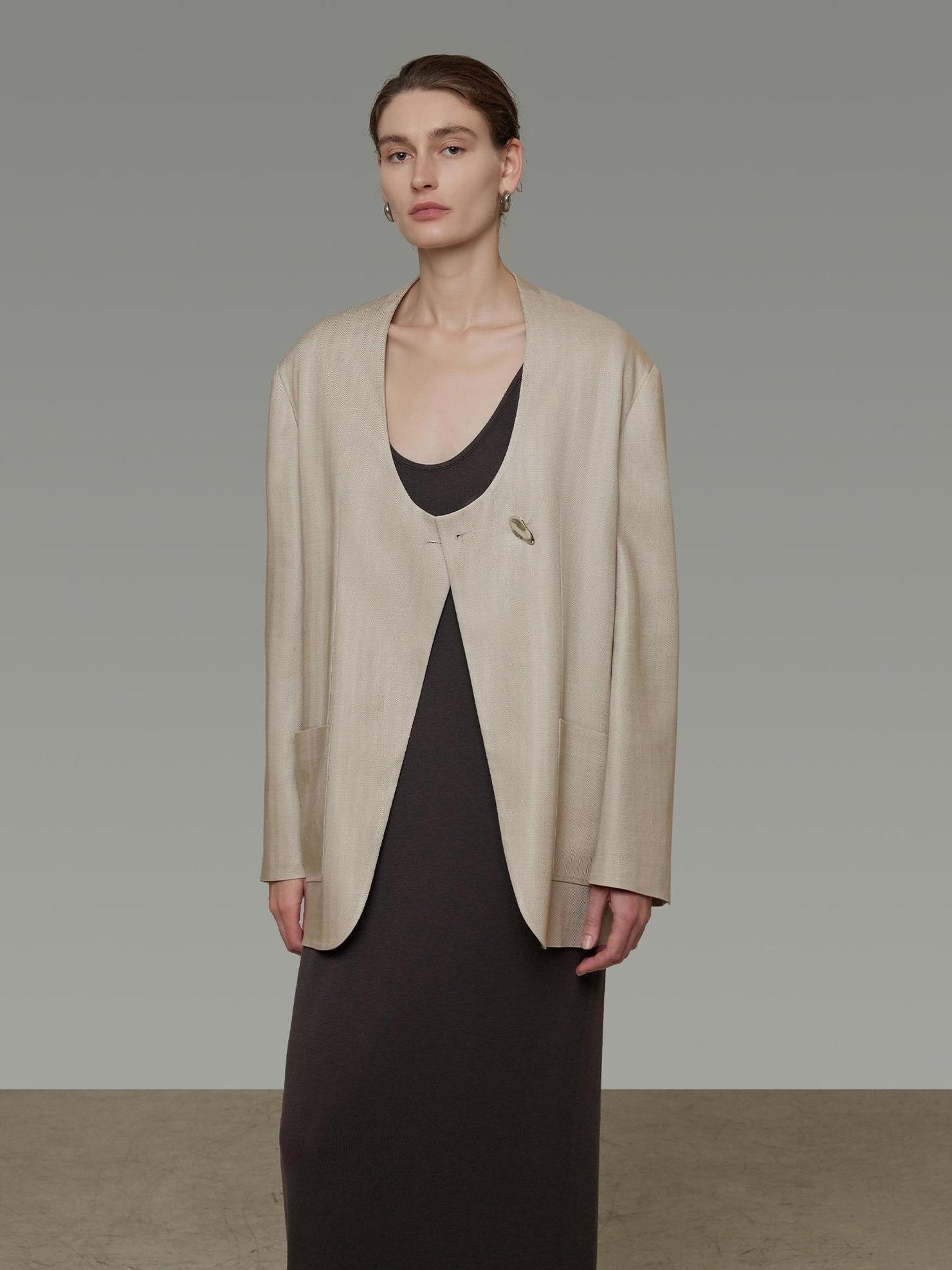 UNSPOKEN Breathable Lyocell Relaxed Loose No Collar Patch Pocket Commuter Beige Blazer