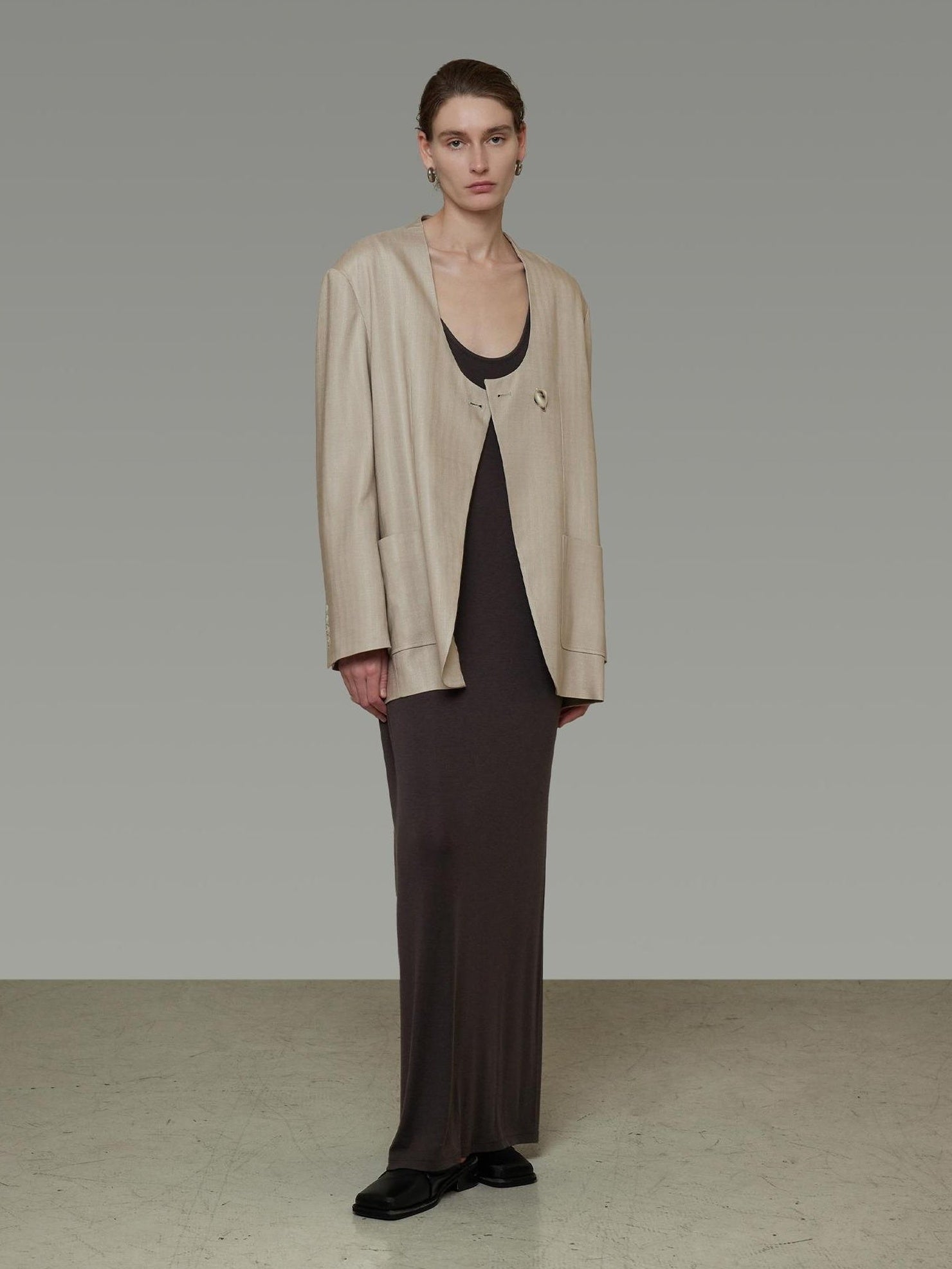 UNSPOKEN Breathable Lyocell Relaxed Loose No Collar Patch Pocket Commuter Beige Blazer