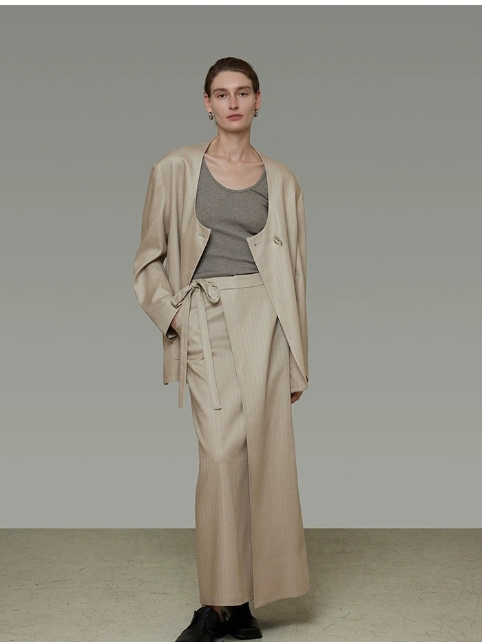 UNSPOKEN Breathable Lyocell Relaxed Loose No Collar Patch Pocket Commuter Beige Blazer