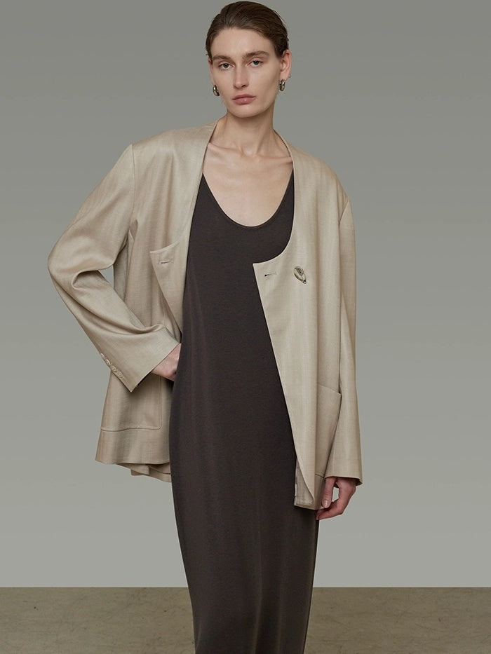 UNSPOKEN Breathable Lyocell Relaxed Loose No Collar Patch Pocket Commuter Beige Blazer