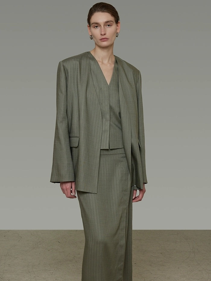 UNSPOKEN Breathable Three Piece Tailored V Neck Office Women Striped Blazer