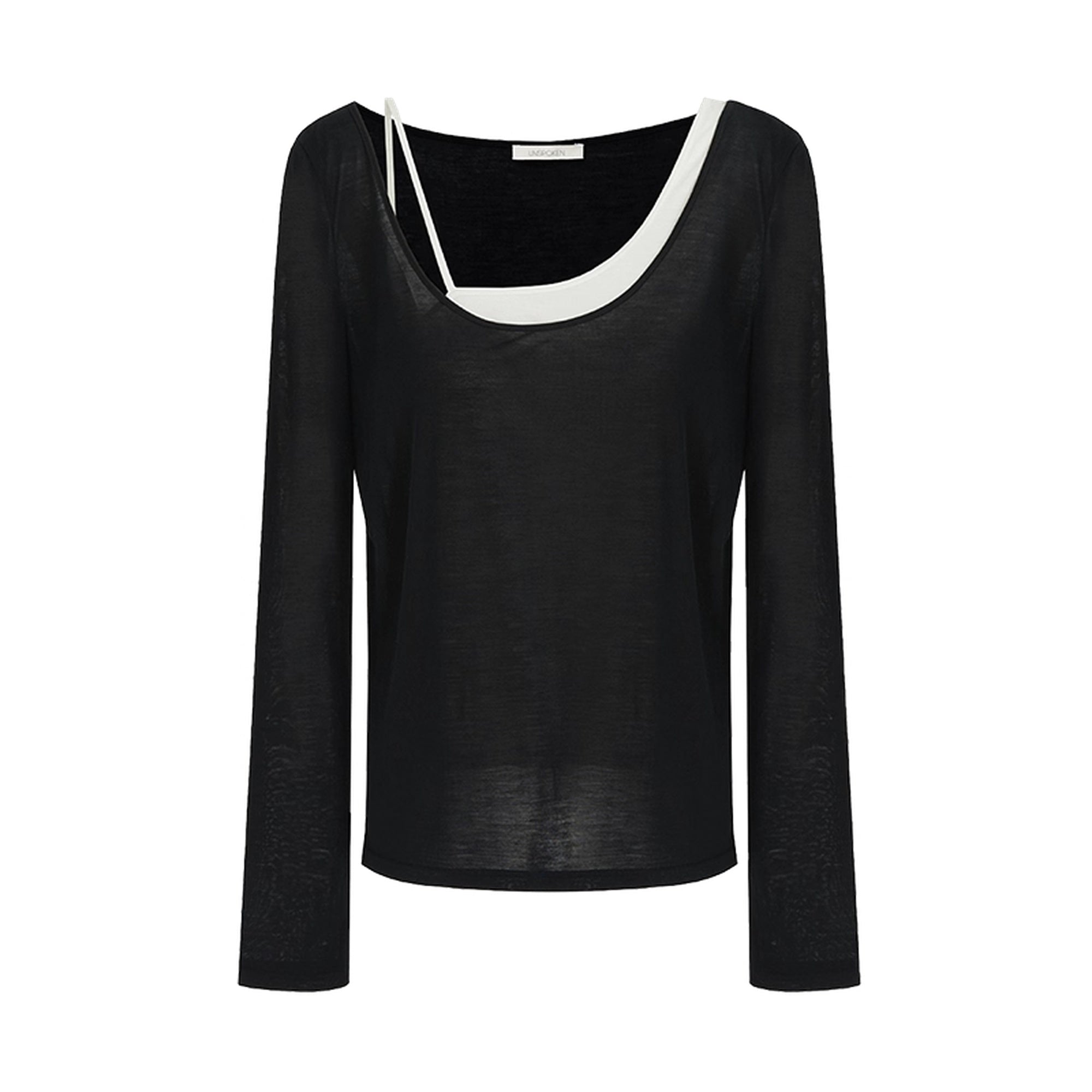 UNSPOKEN_Chic_Slim_Fit_V_Neck_Side_Slit_Button_Commuter_Women_Black_Beige_Knit_Top_MISSTT