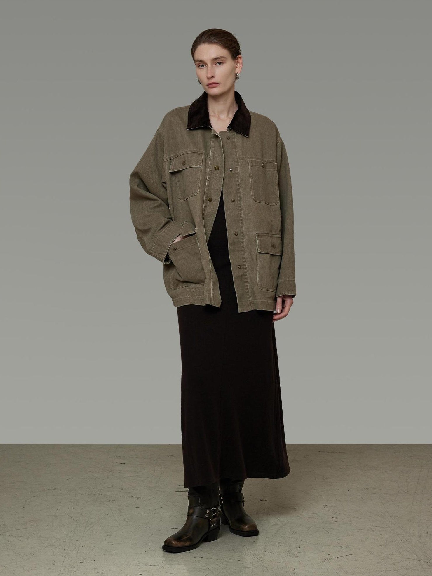 UNSPOKEN Colorblock Cotton Denim Loose Fit Casual Button Front Small Collar Women Jacket