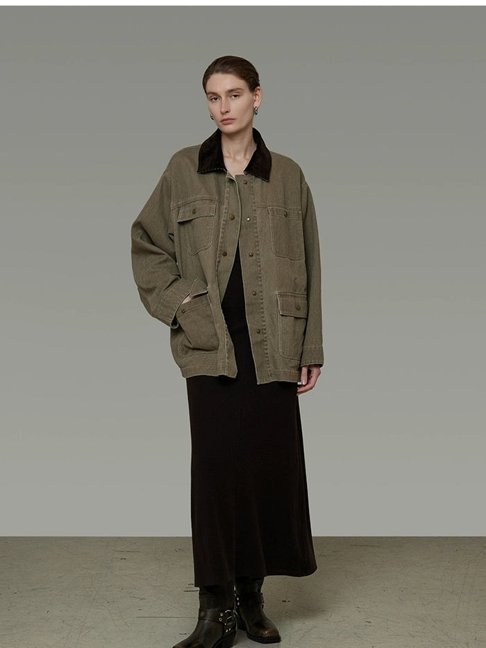 UNSPOKEN Colorblock Cotton Denim Loose Fit Casual Button Front Small Collar Women Jacket