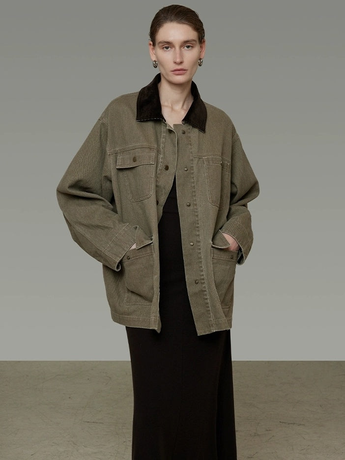 UNSPOKEN Colorblock Cotton Denim Loose Fit Casual Button Front Small Collar Women Jacket