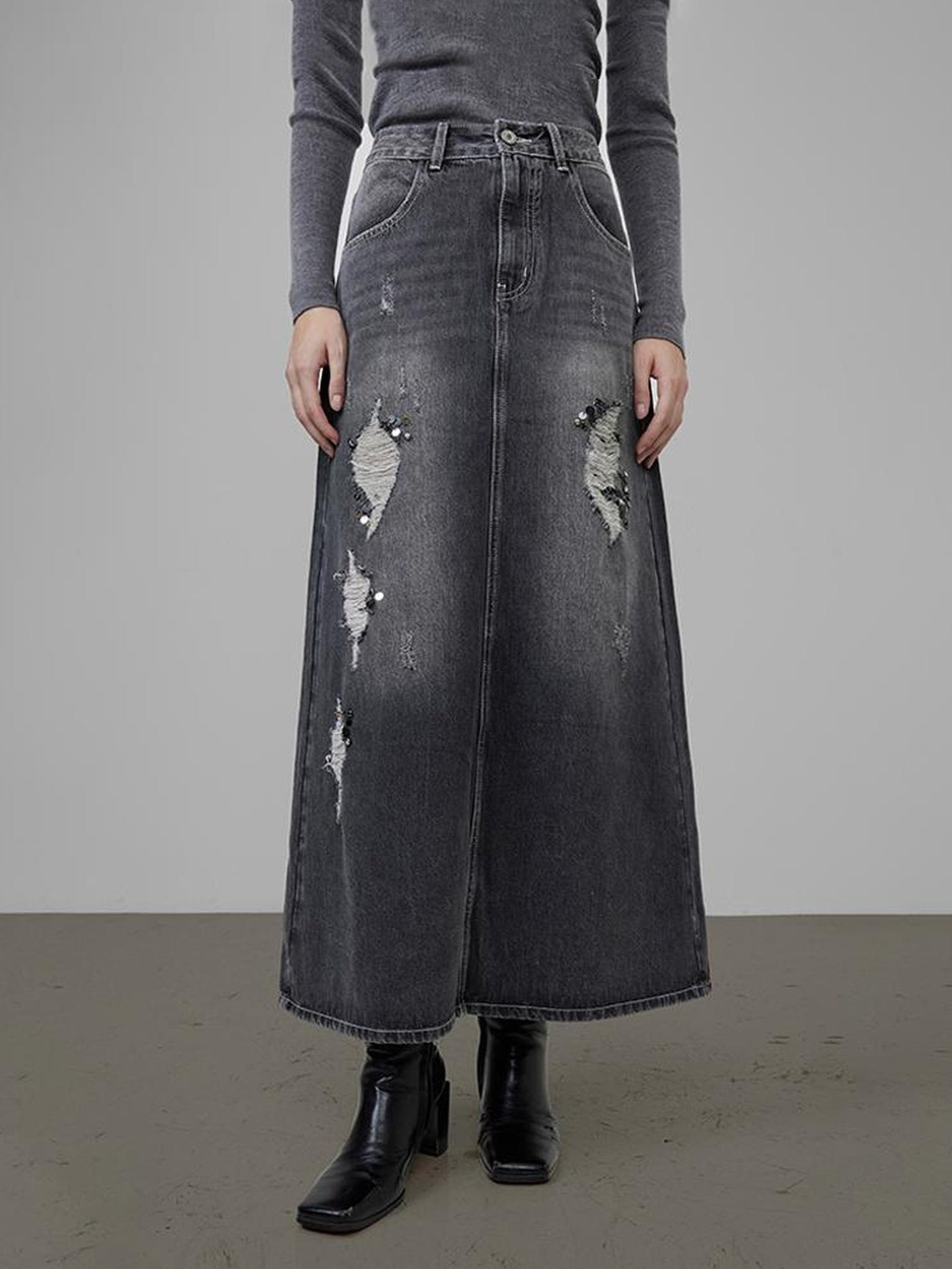 UNSPOKEN Comfortable High Waist A Line City Commuter Black Washed Denim Maxi Skirt