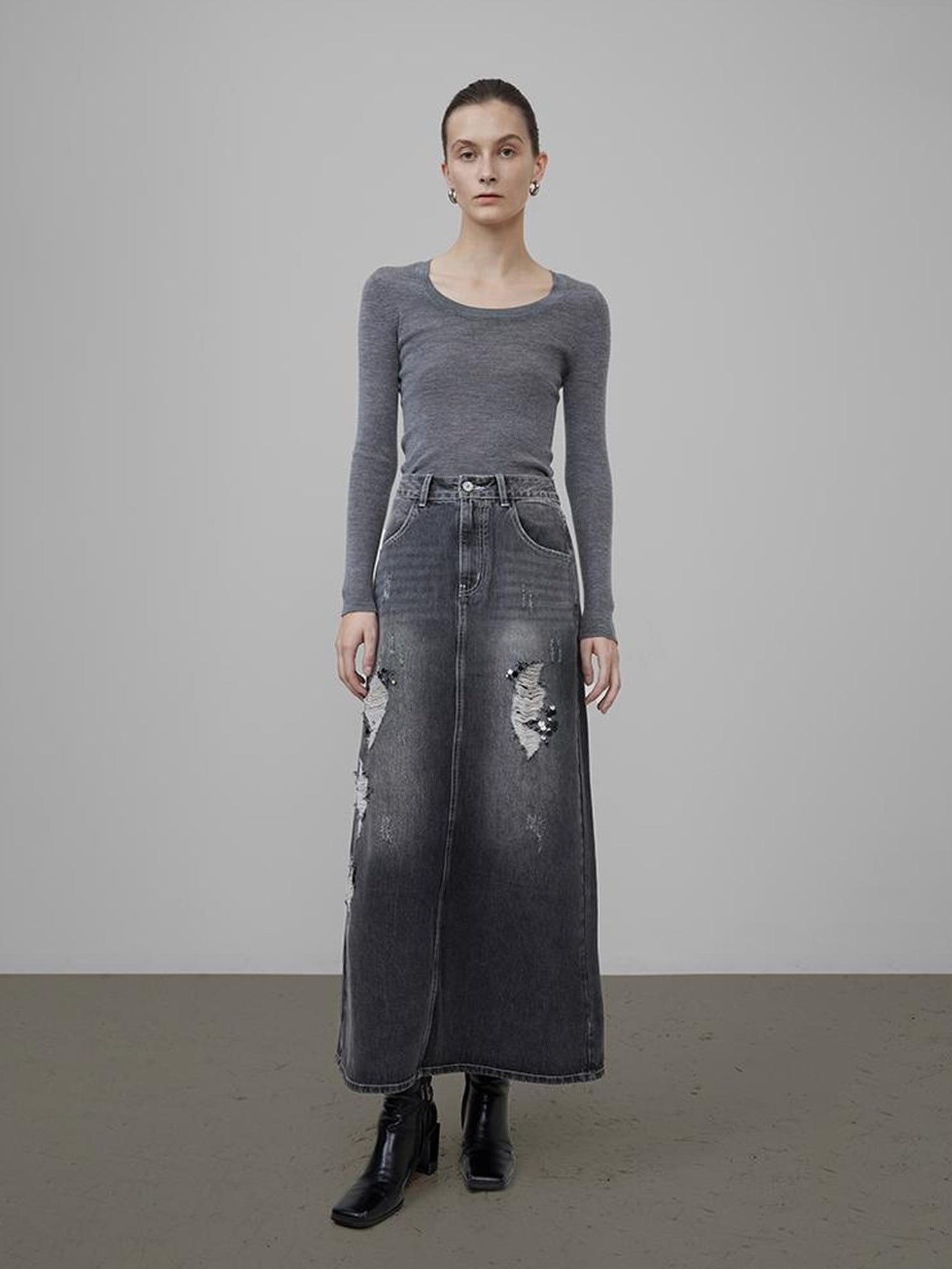 UNSPOKEN Comfortable High Waist A Line City Commuter Black Washed Denim Maxi Skirt