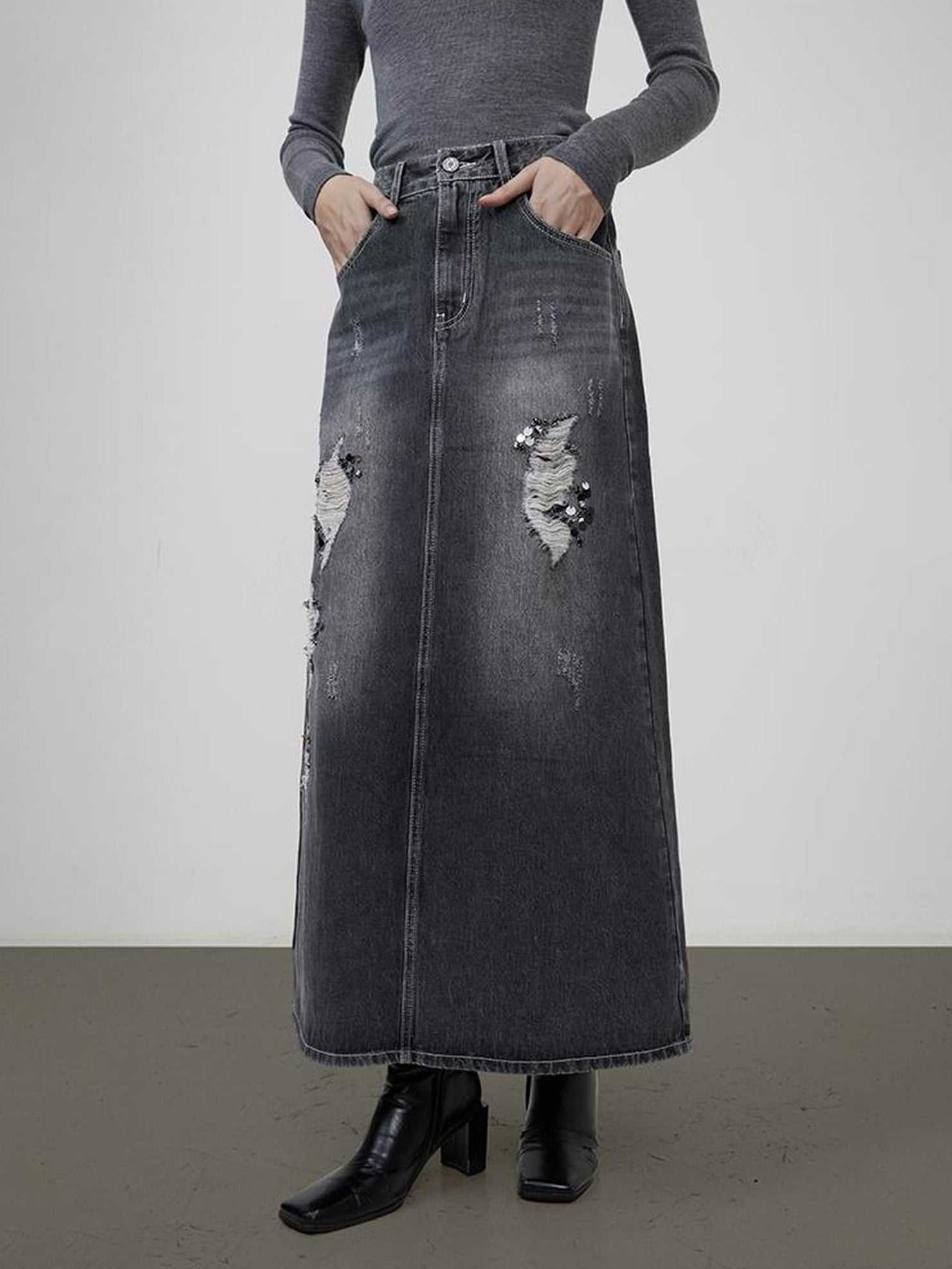 UNSPOKEN Comfortable High Waist A Line City Commuter Black Washed Denim Maxi Skirt