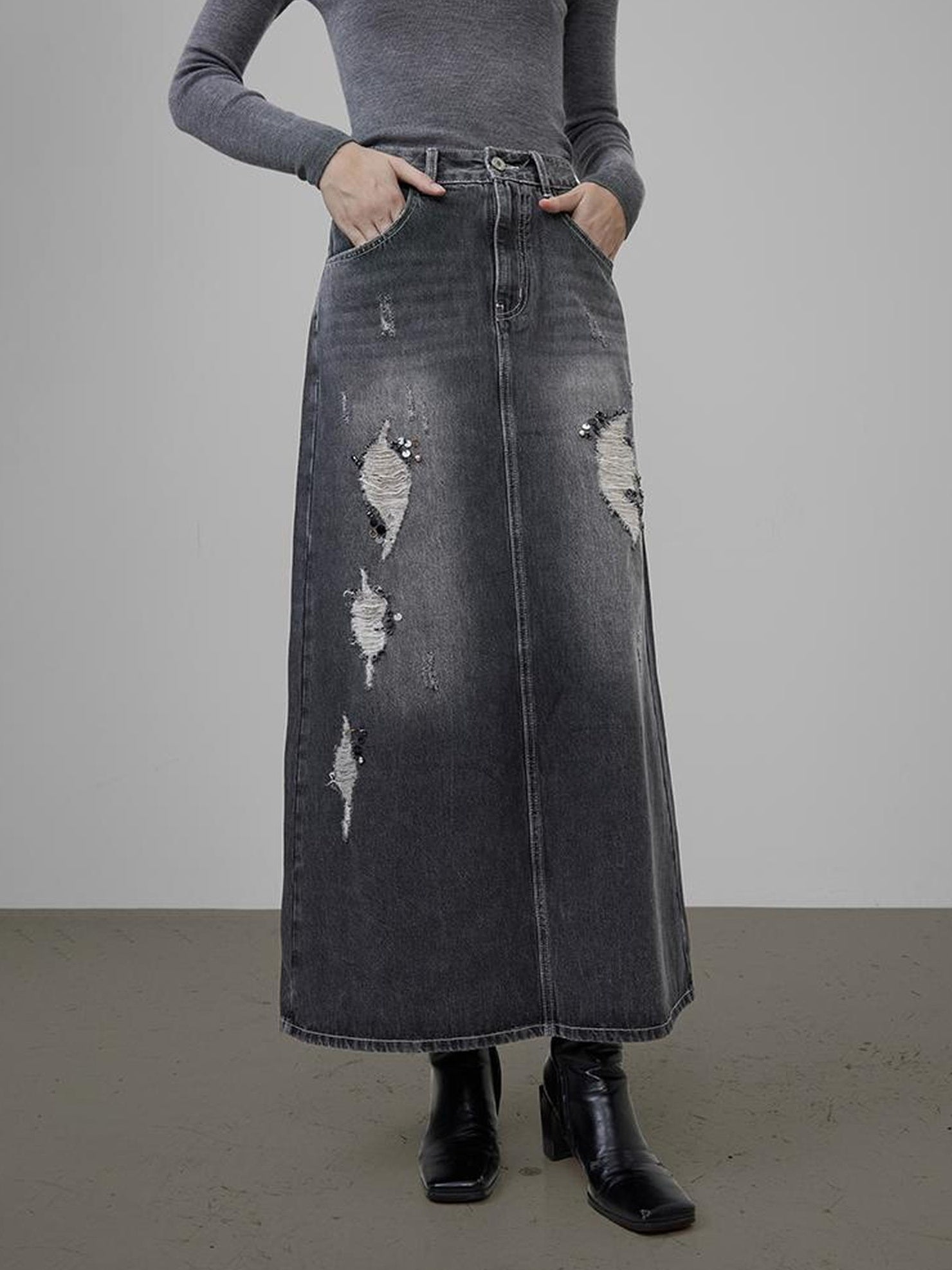 UNSPOKEN Comfortable High Waist A Line City Commuter Black Washed Denim Maxi Skirt
