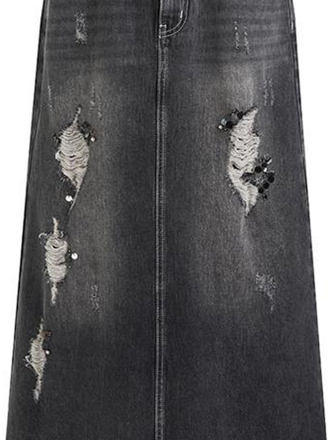 UNSPOKEN Comfortable High Waist A Line City Commuter Black Washed Denim Maxi Skirt
