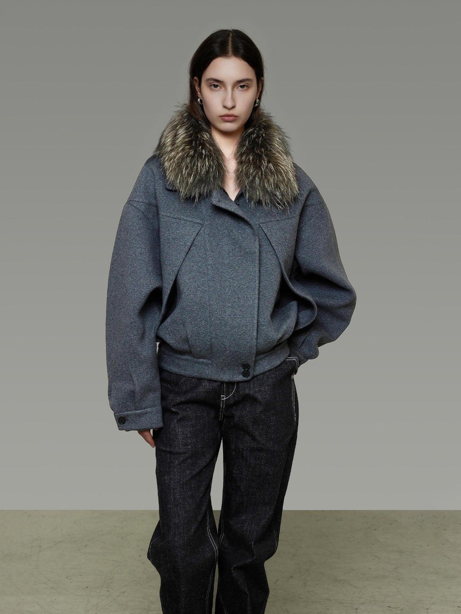 UNSPOKEN Cozy Cotton Blend Loose Fit Zip Up Fur Collar Dark Gray Commuter Jacket