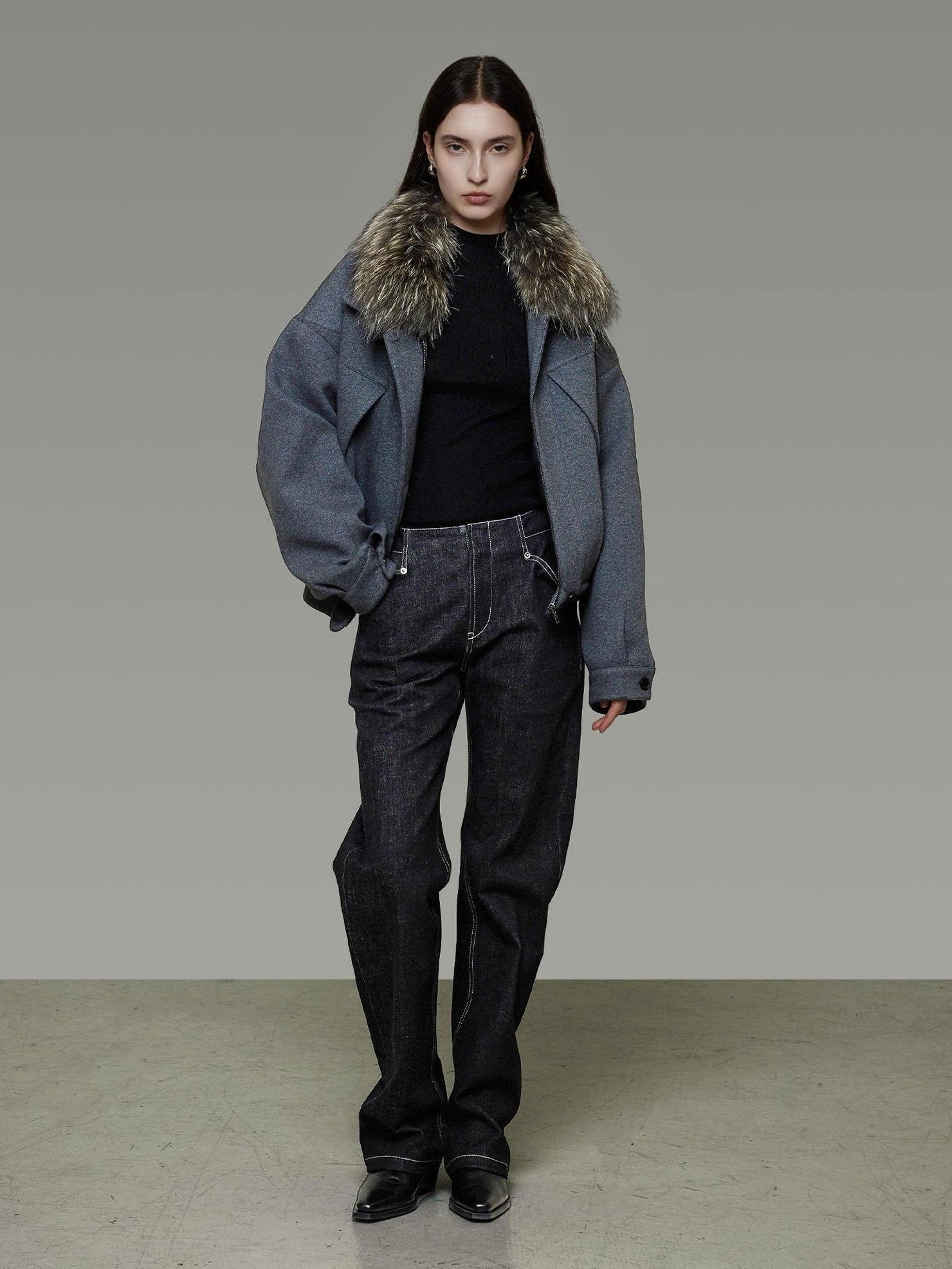 UNSPOKEN Cozy Cotton Blend Loose Fit Zip Up Fur Collar Dark Gray Commuter Jacket