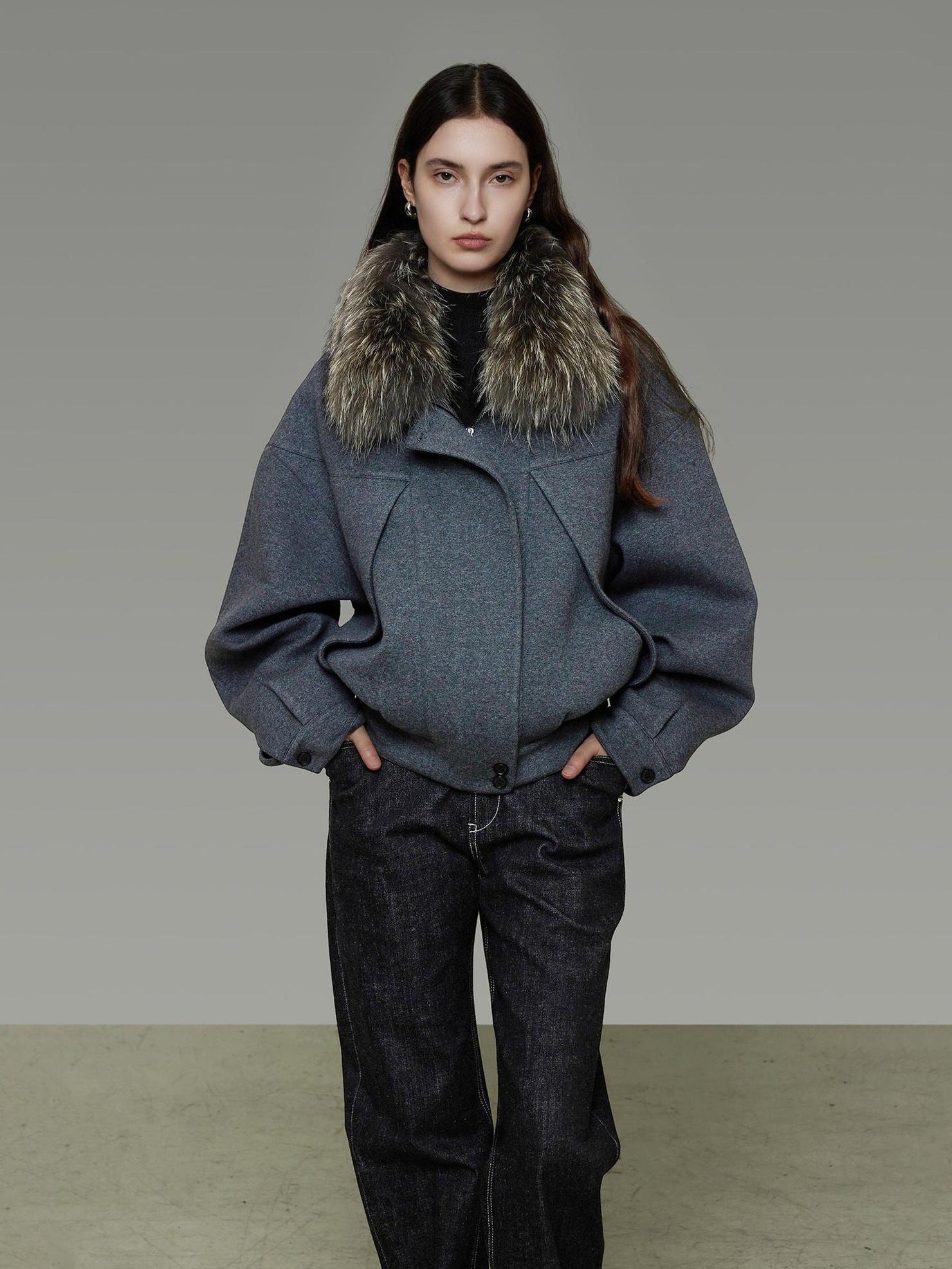 UNSPOKEN Cozy Cotton Blend Loose Fit Zip Up Fur Collar Dark Gray Commuter Jacket