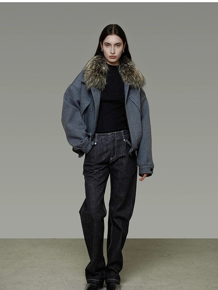 UNSPOKEN Cozy Cotton Blend Loose Fit Zip Up Fur Collar Dark Gray Commuter Jacket