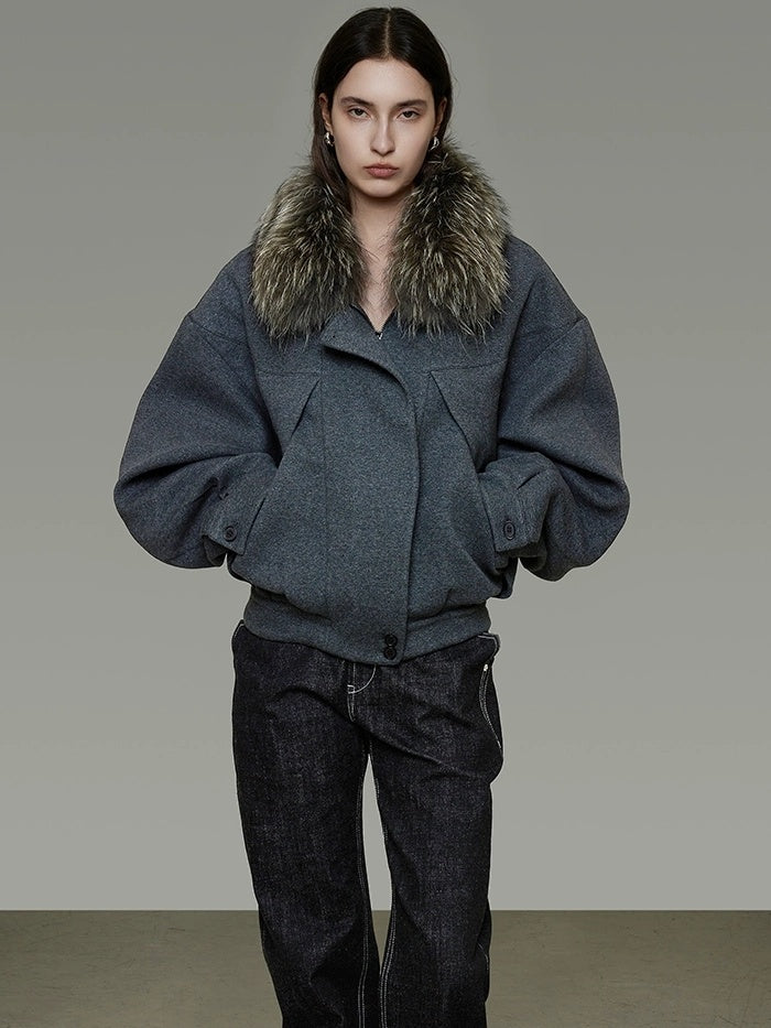 UNSPOKEN Cozy Cotton Blend Loose Fit Zip Up Fur Collar Dark Gray Commuter Jacket