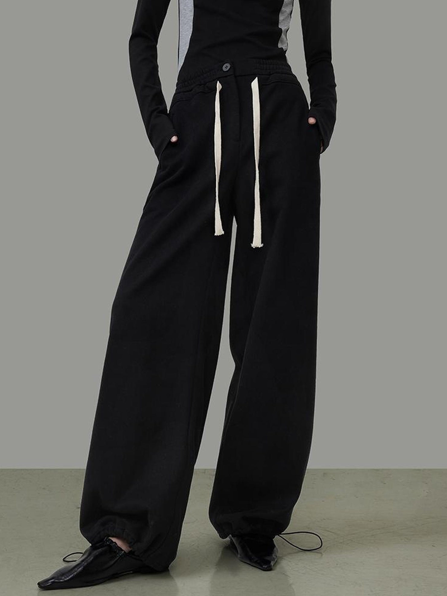 UNSPOKEN Cozy Fleece Lined High Waist Wide Leg Drawstring Pockets Commuter Pants