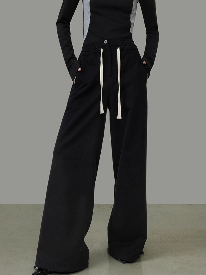 UNSPOKEN Cozy Fleece Lined High Waist Wide Leg Drawstring Pockets Commuter Pants