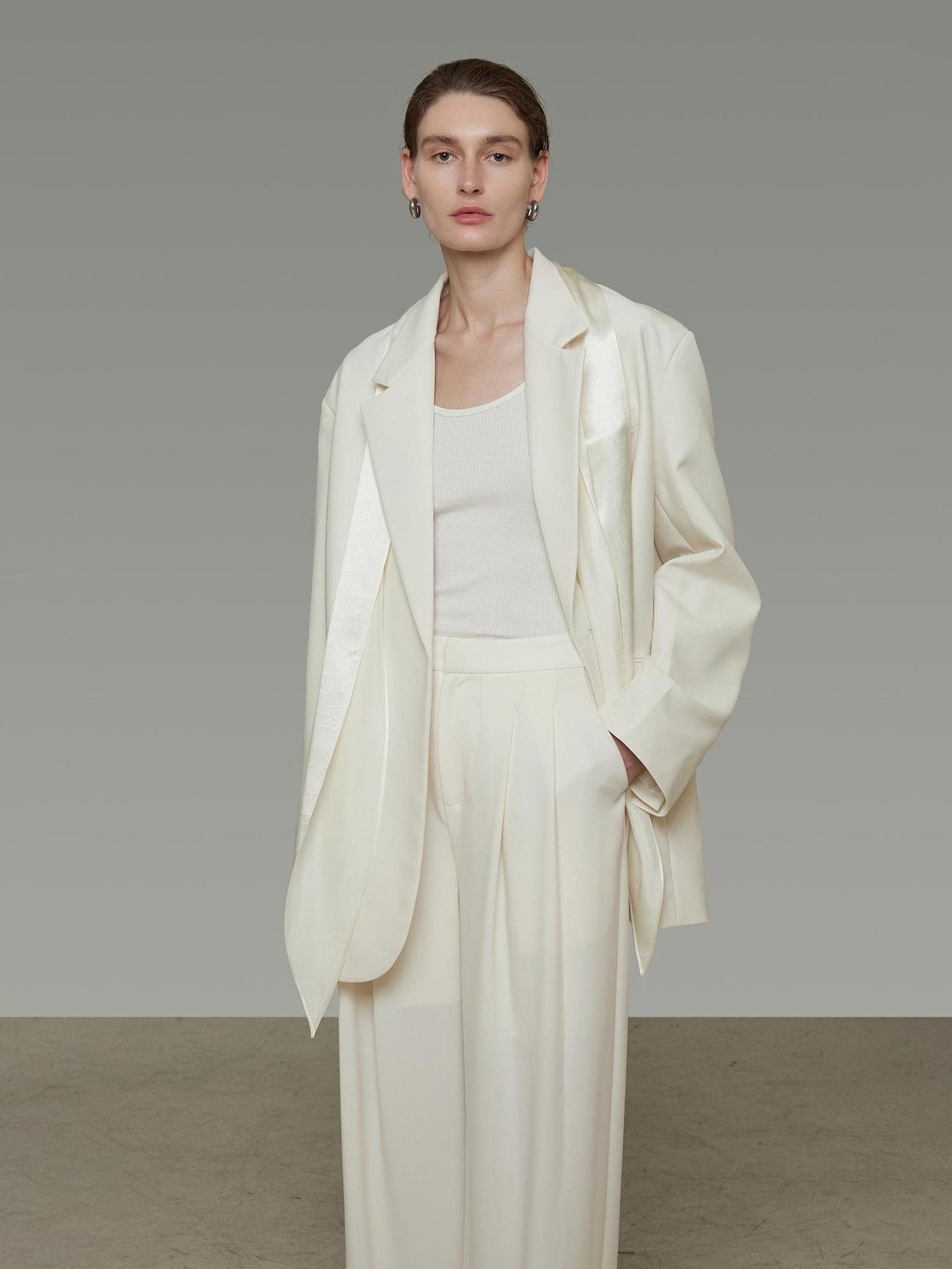 UNSPOKEN Cozy Ribbon Detail Loose Fit Gentle Style Women Casual Solid Beige Blazer